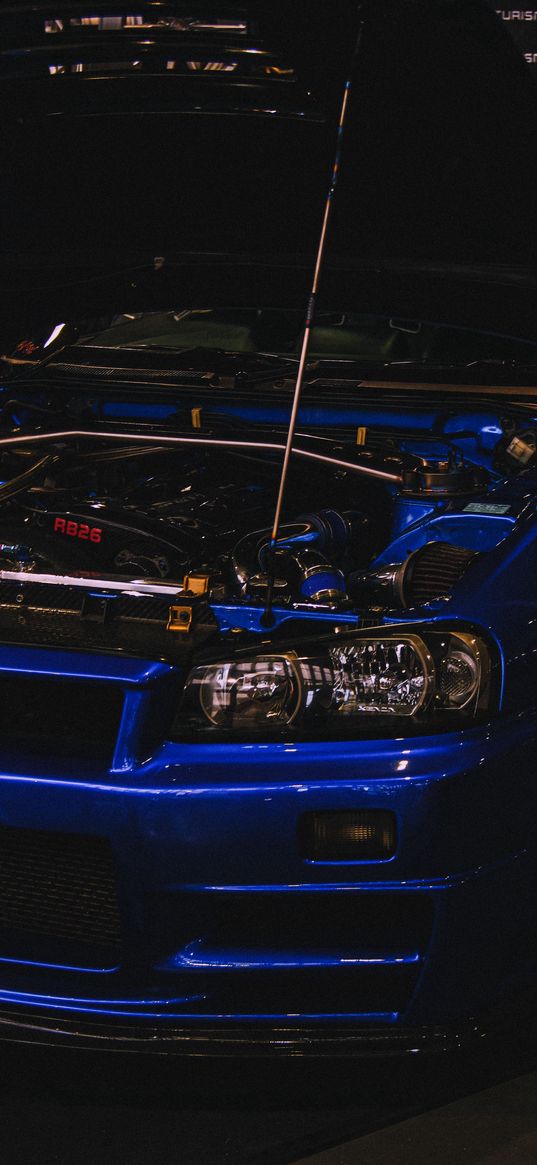 nissan skyline, nissan, car, blue, hood, motor