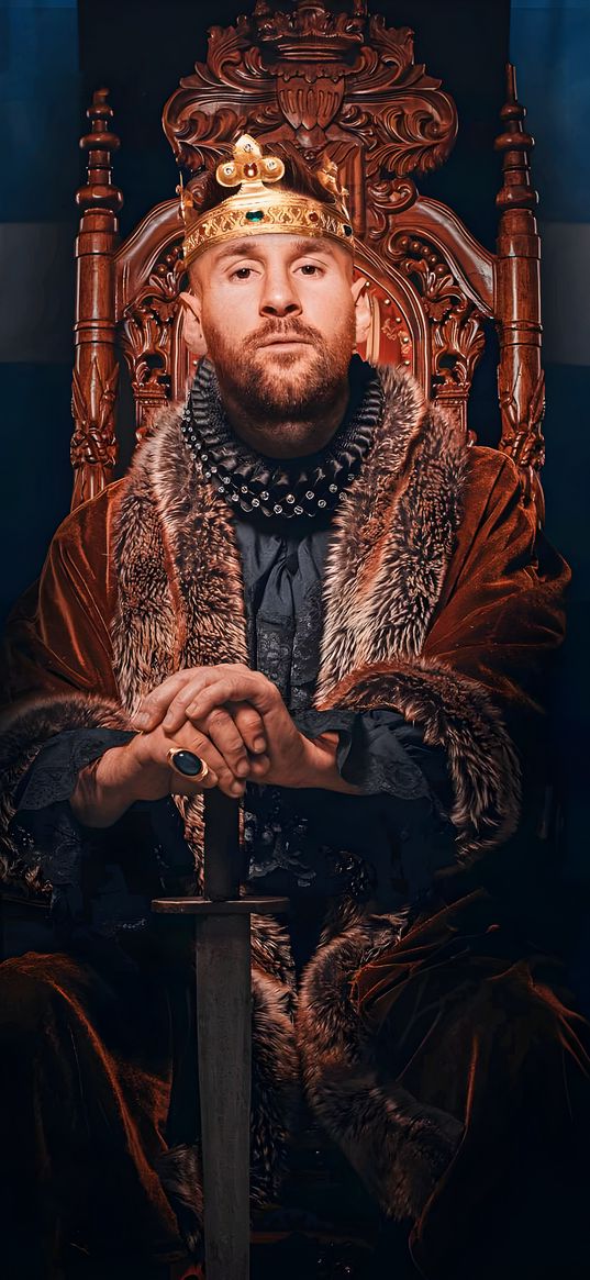 messi, footballer, soccer, king, throne, crown, sword