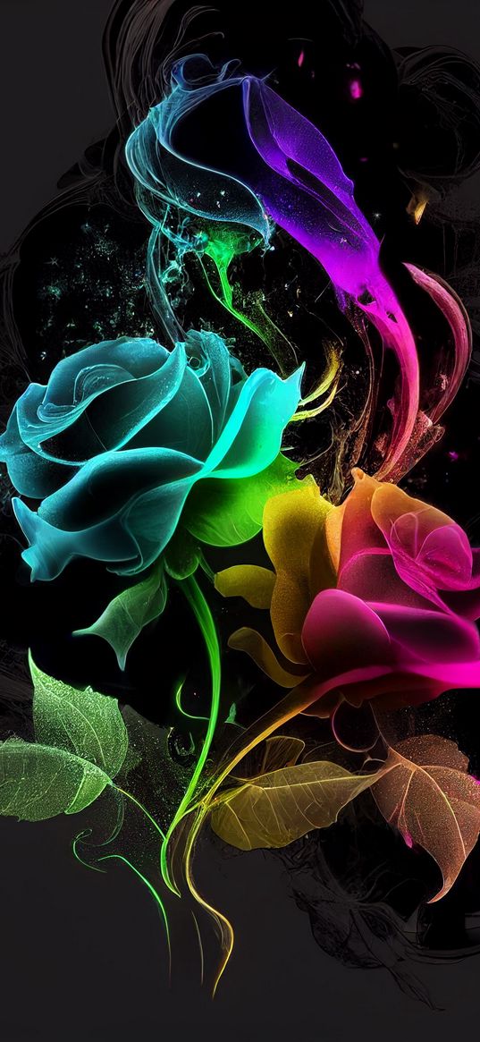 roses, neon, rainbow