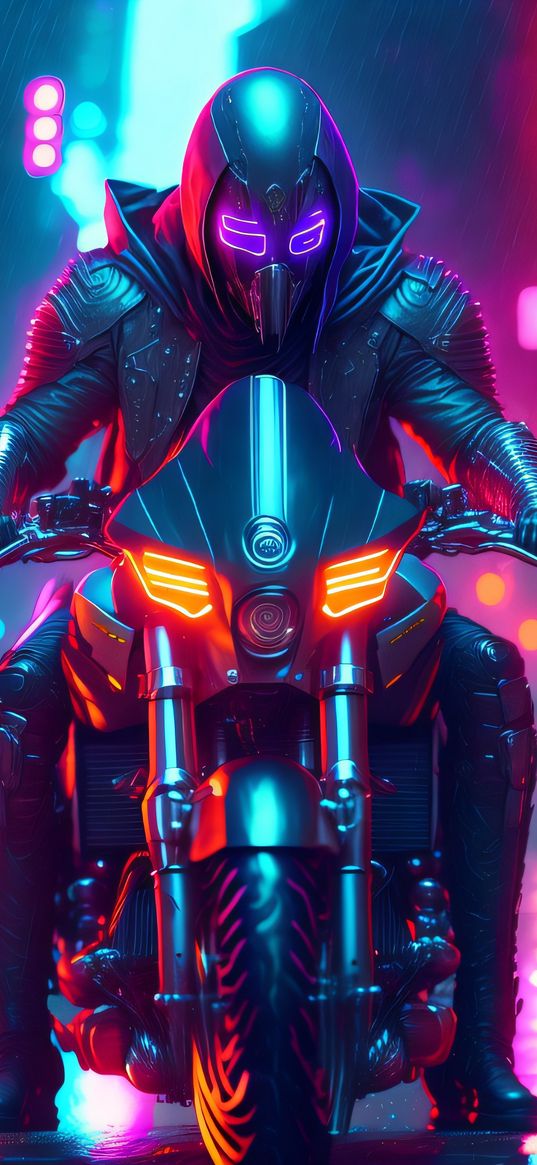 motorcycle, biker, neon, night, art