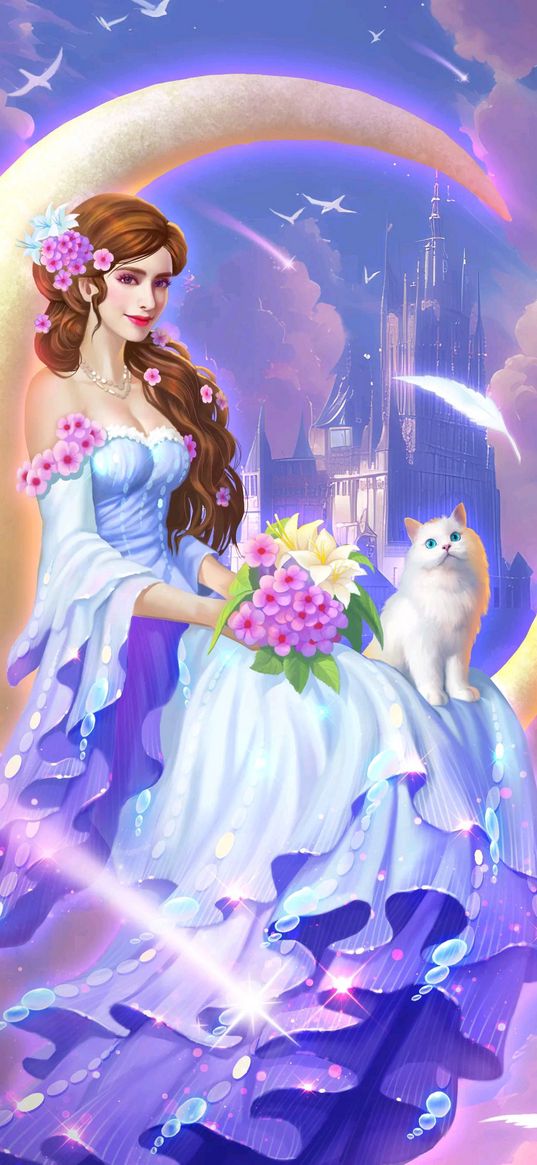 girl, cat, moon, castle, art, fairy tale