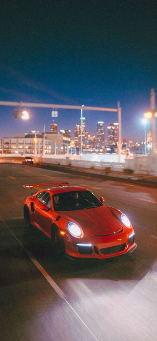 porsche, car, highway, headlights, red