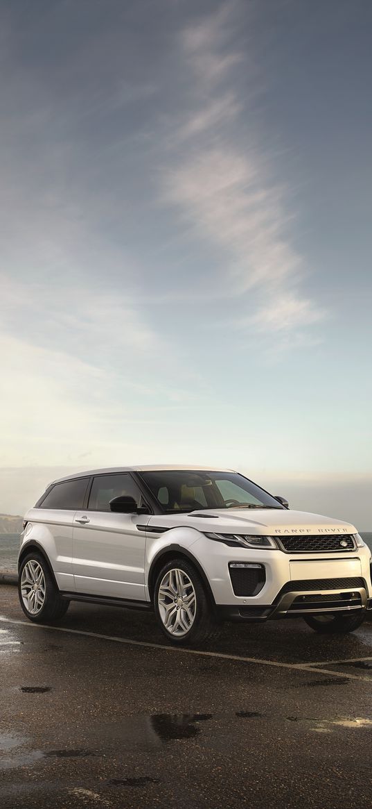 range rover evoque, range rover, car, white, front view, embankment