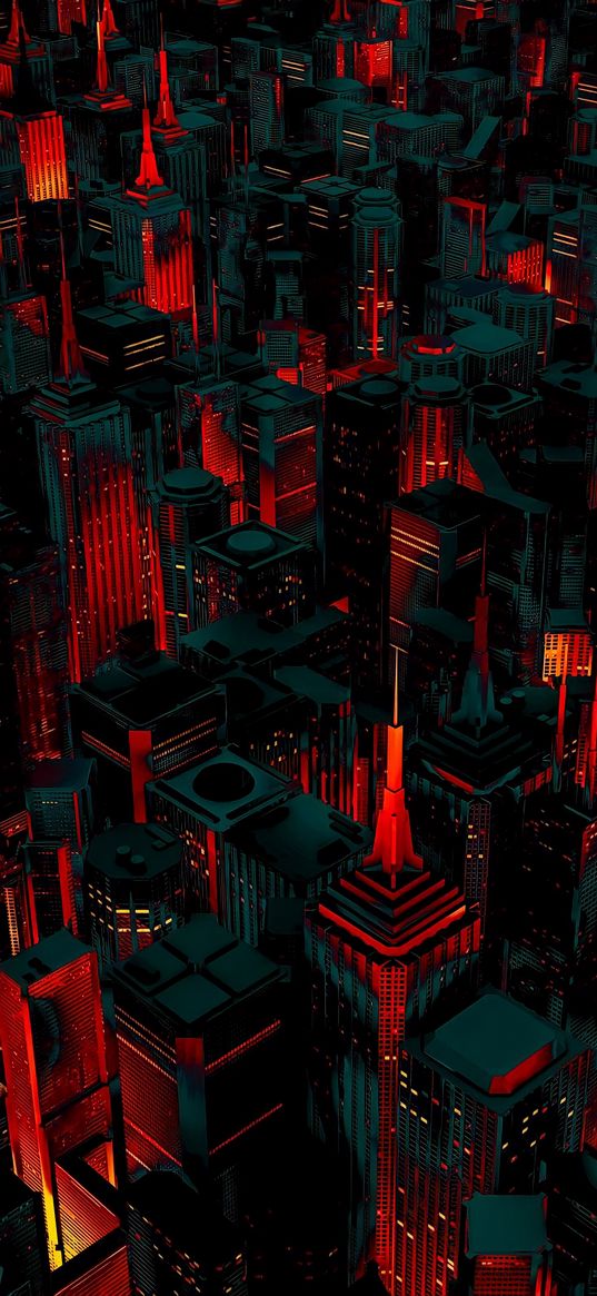 city, skyscrapers, red, dark