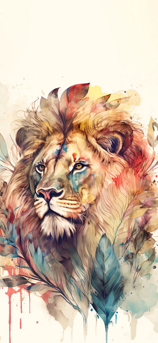 lion, predator, flowers, bright, colorful, art