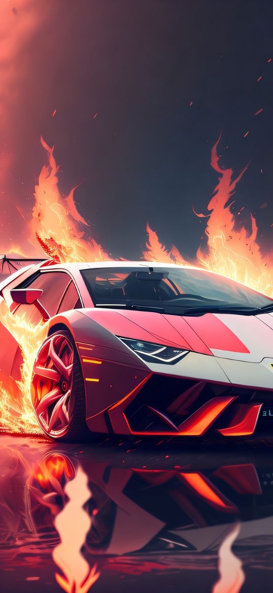 sports car, car, fire, flame, ai, art