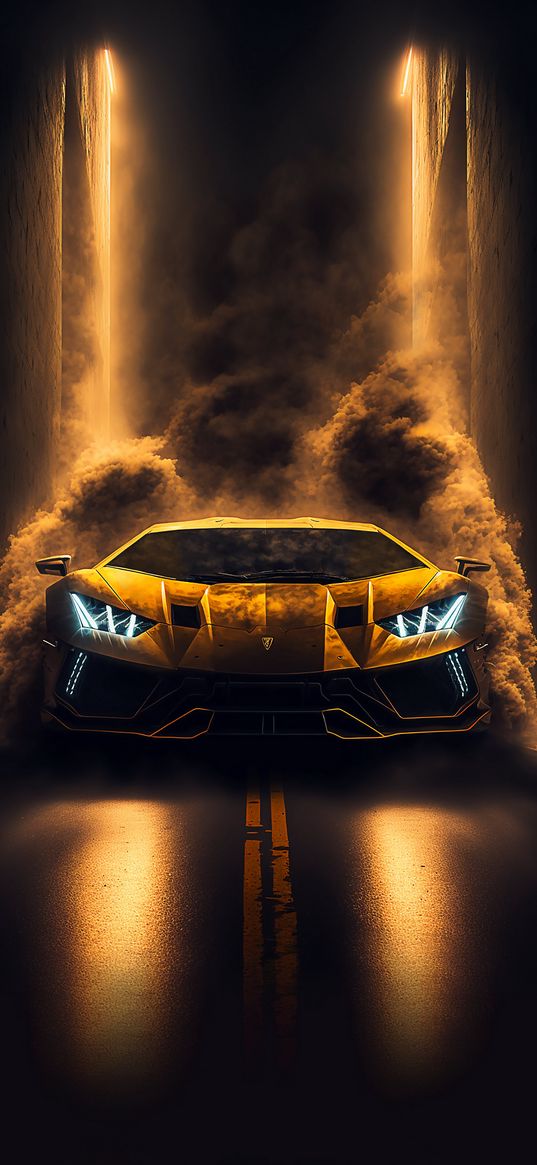 car, lamborghini, smoke, dust, yellow