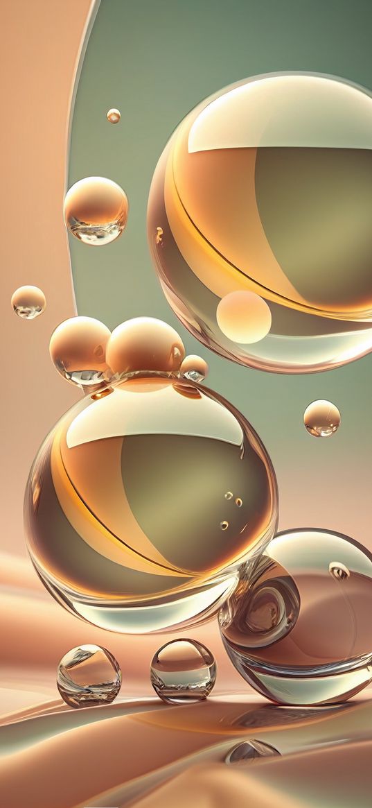 abstraction, bubbles, spheres, transparency, beige, yellow