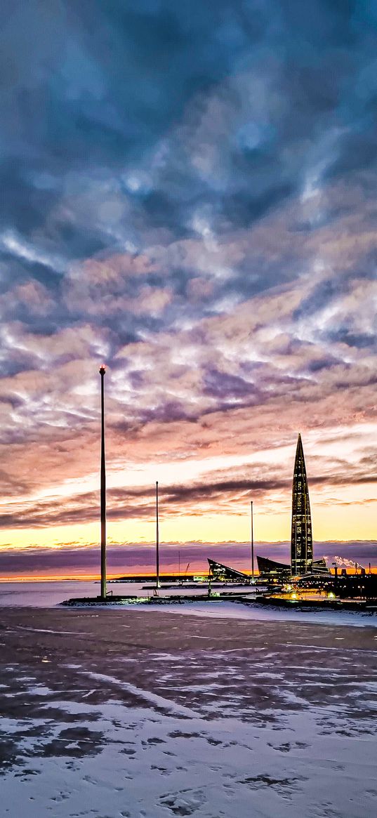 st. petersburg, gulf, lahta, building, embankment, sunset