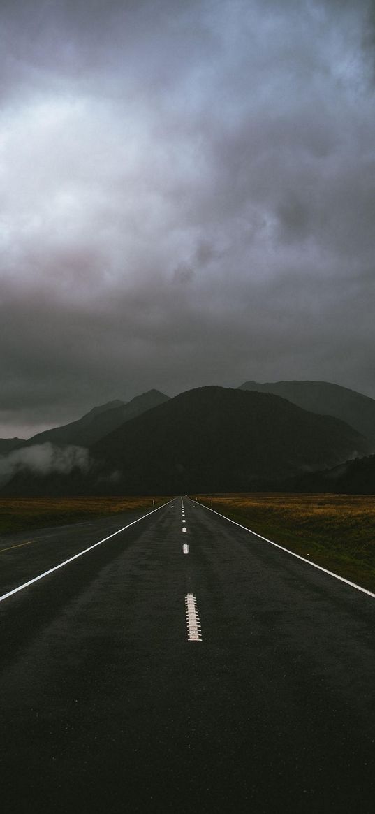 mountains, road, markings, clouds, nature