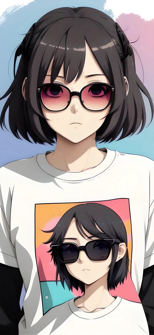 girl, glasses, short hair, t-shirt, cute, sad, ai, art