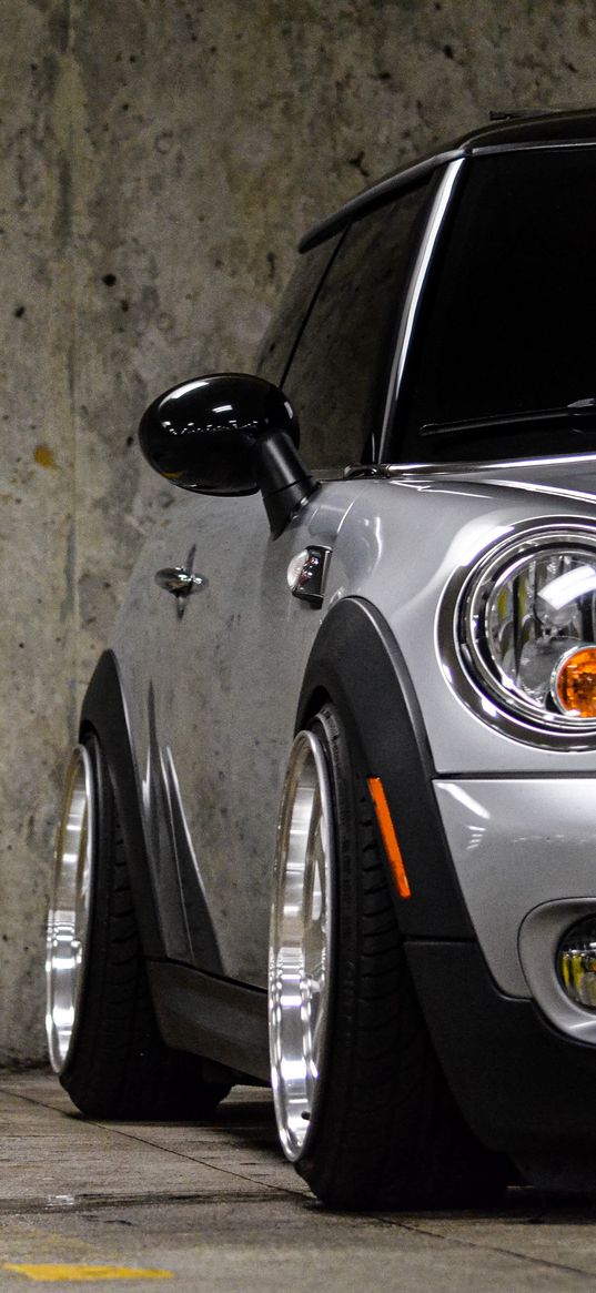 mini cooper, car, grey, tuning, garage