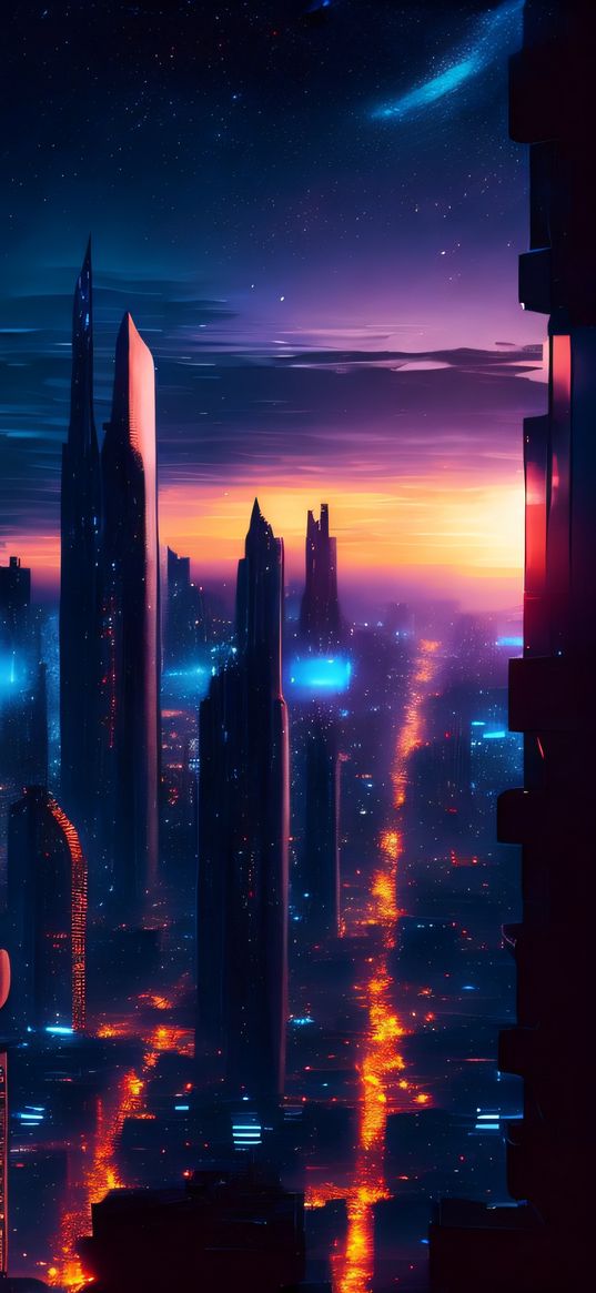 skyscrapers, city, clouds, sky, sunset, future, ai, art