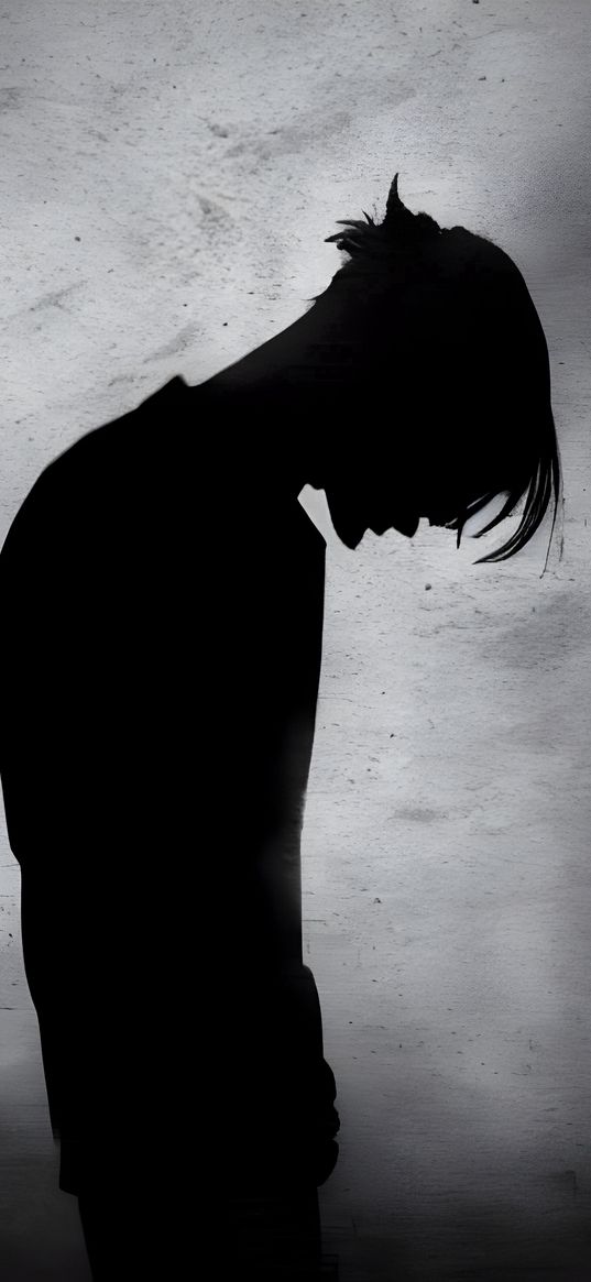 guy, silhouette, sad, black, gray background, art