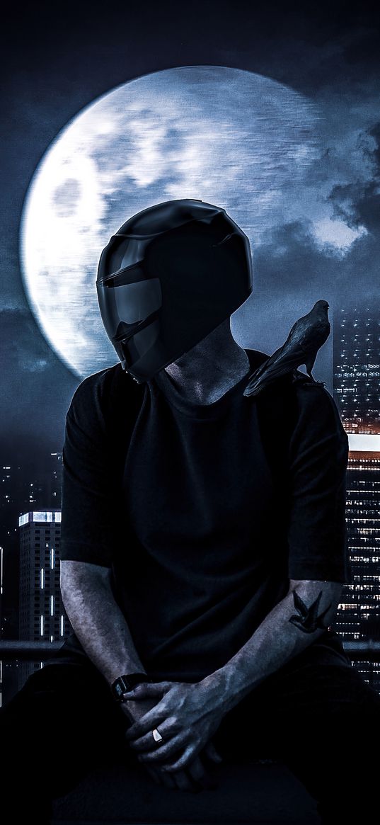 guy, loneliness, helmet, raven, moon, skyscrapers, city, lights, night, art