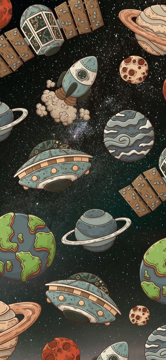 ufo, rocket, planets, space, art