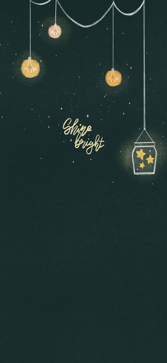 light bulbs, stars, lettering, green background, art