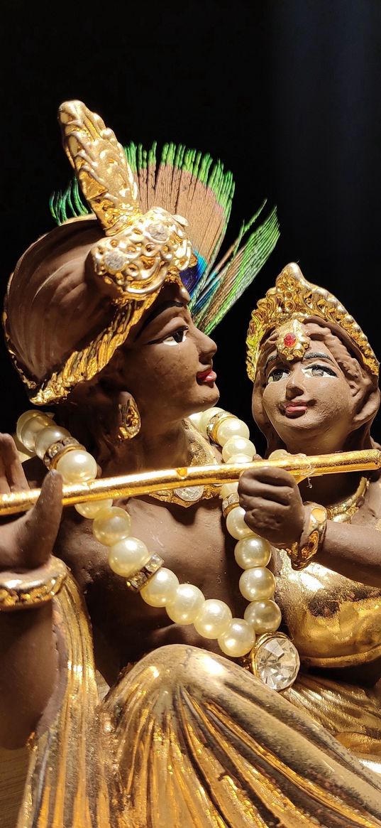 krishna, radha, couple, statuette, gold