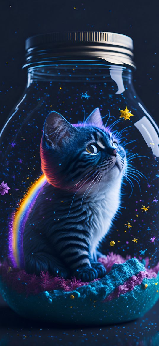 cat, fantasy, beautiful, pot, stars