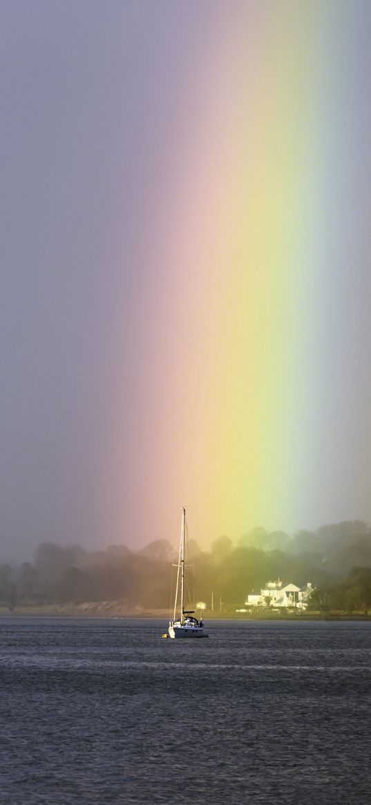 boat, mast, sea, rainbow