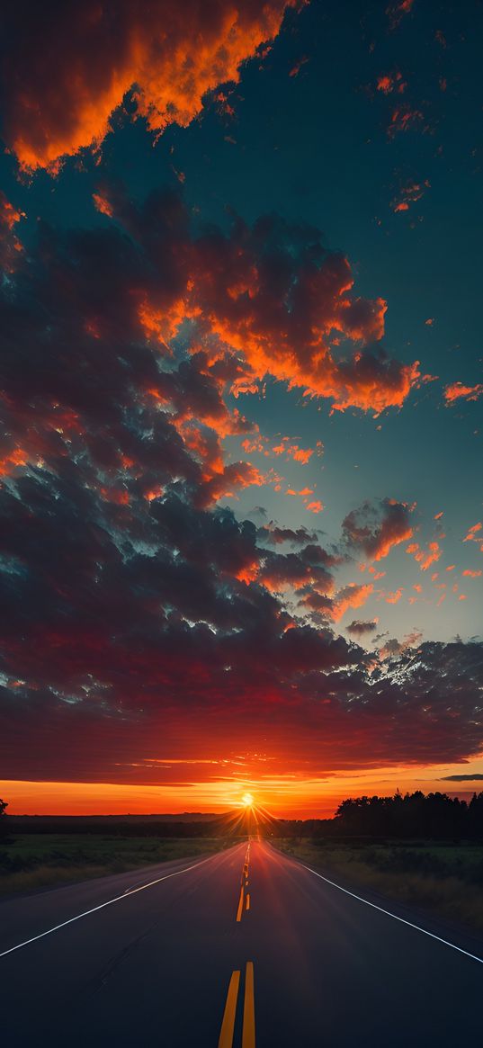 road, sunset, markings, field, trees, clouds, nature