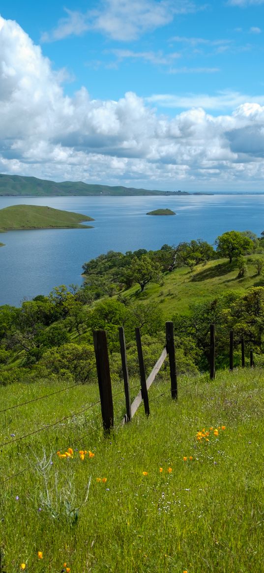 river, fence, grass, slope, landscape