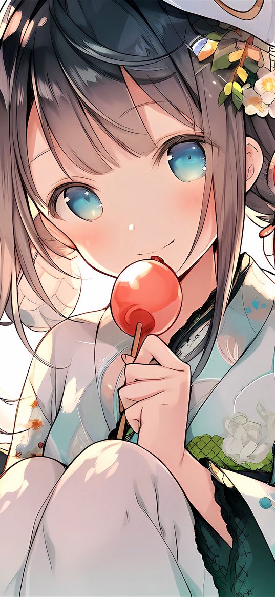 girl, smile, decoration, kimono, candy, anime