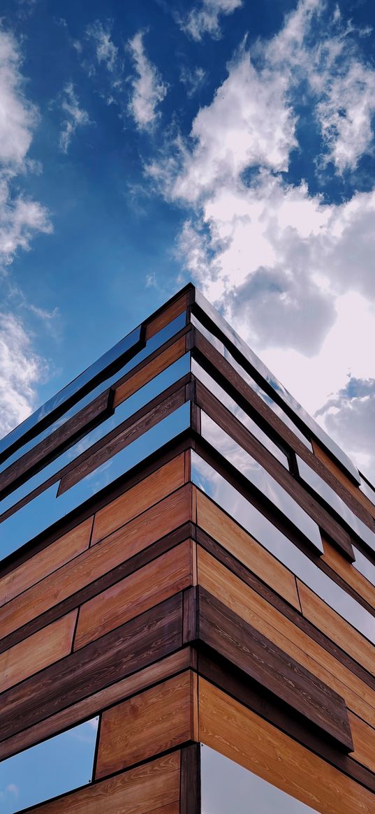 house, boards, tree, mirror, sky, clouds, reflection