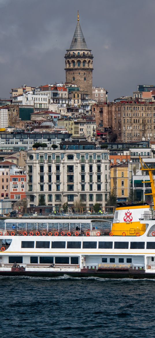 ship, sea, buildings, tower, city, istanbul, turkey