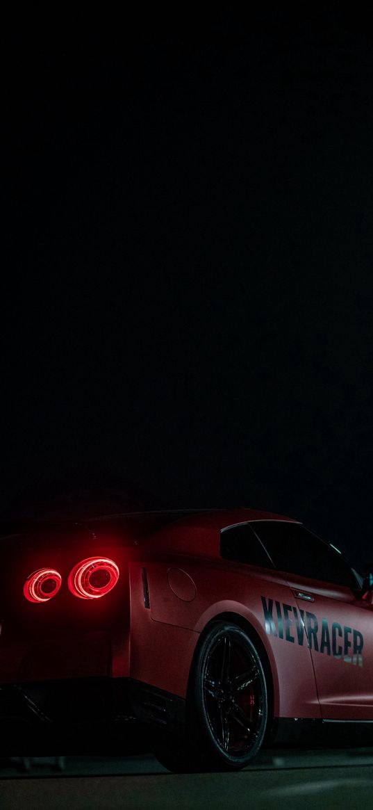 nissan, car, gtr, night, street, red