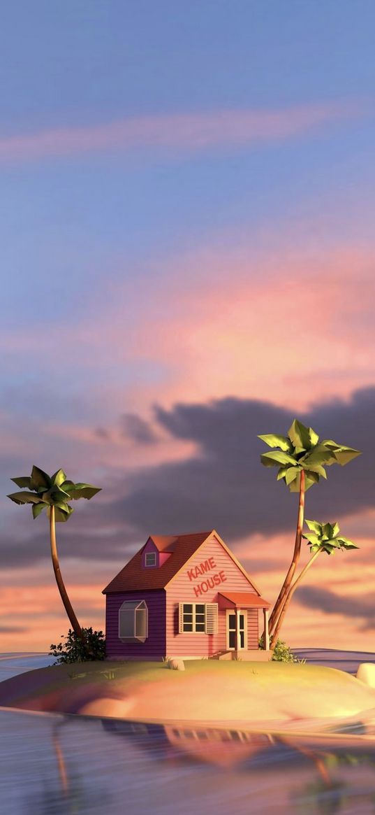 kame house, dragon ball, anime, house, island, palm trees