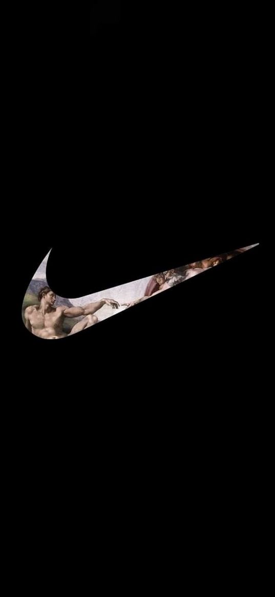 nike, logo, creation of adam, michelangelo, black background