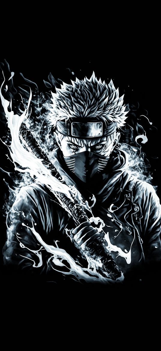 kakashi hatake, naruto, anime, ninja, warrior, sword, fire, black and white, art