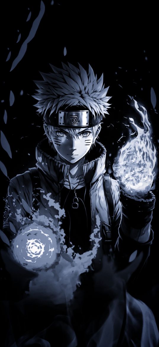 naruto uzumaki, anime, character, ninja, guy, fire, black and white, art