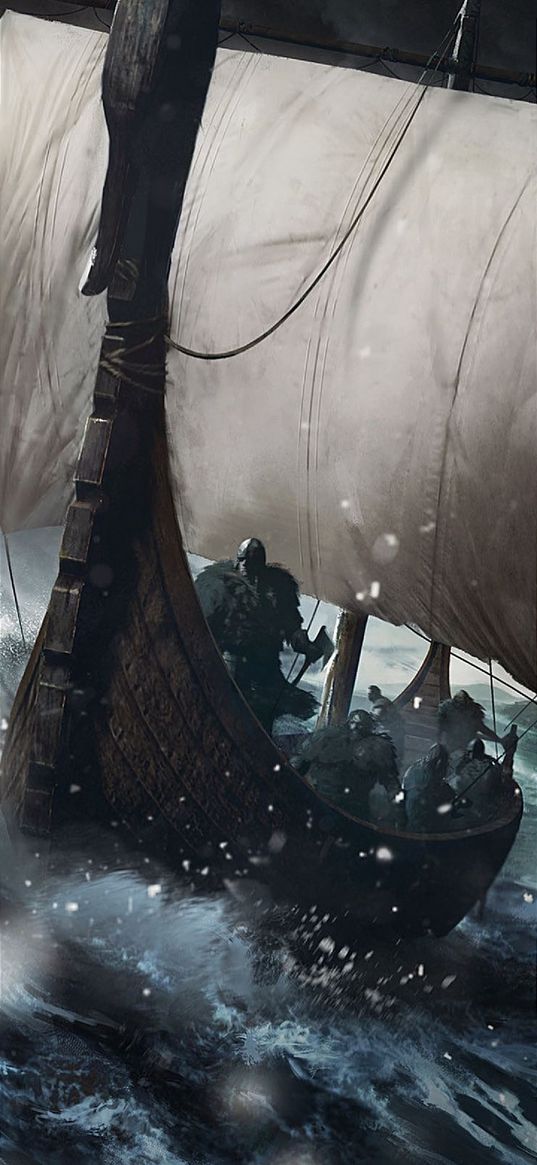 vikings, ship, drakkar, waves, sea, sail, art