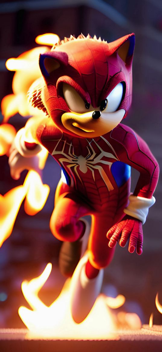 sonic, spiderman, costume, superhero, character, cartoon, fire