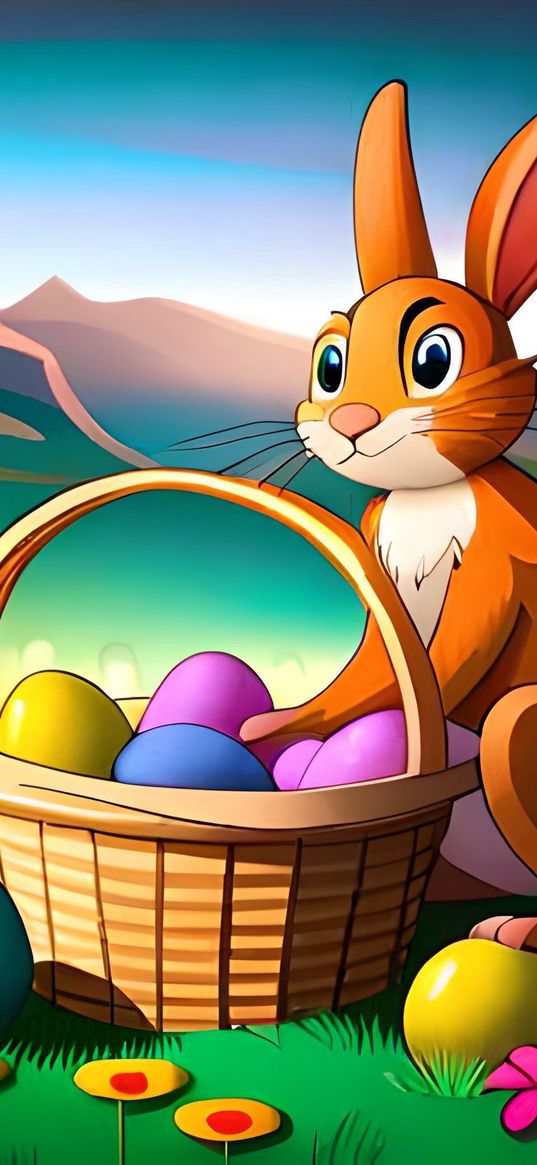 easter bunny, eggs, basket, bright, art