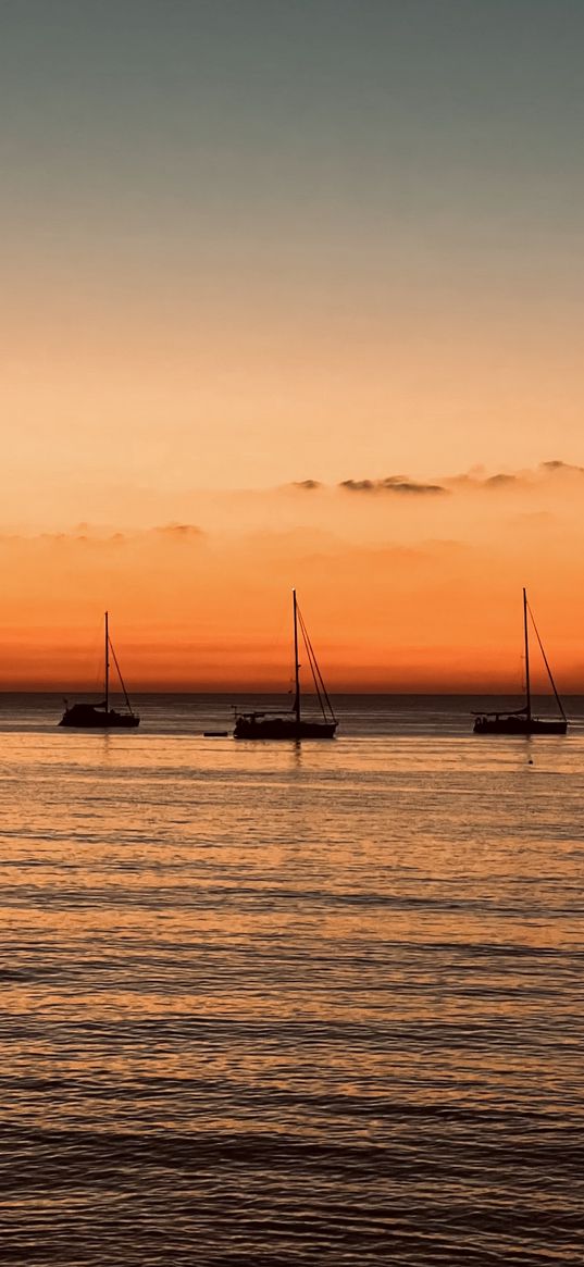 sea, boats, sunset, orange, landscape