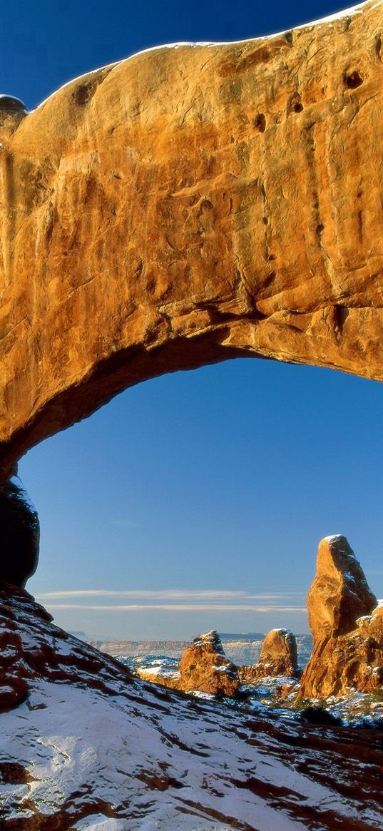 canyon, arch, window, snow, stones, mountains