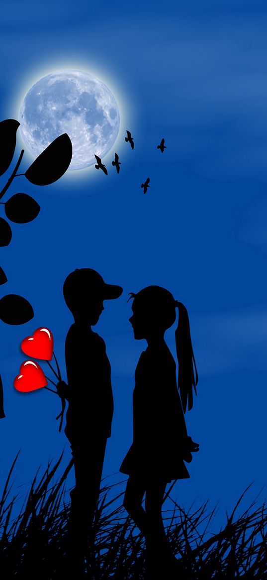 girl, boy, heart, night, moon