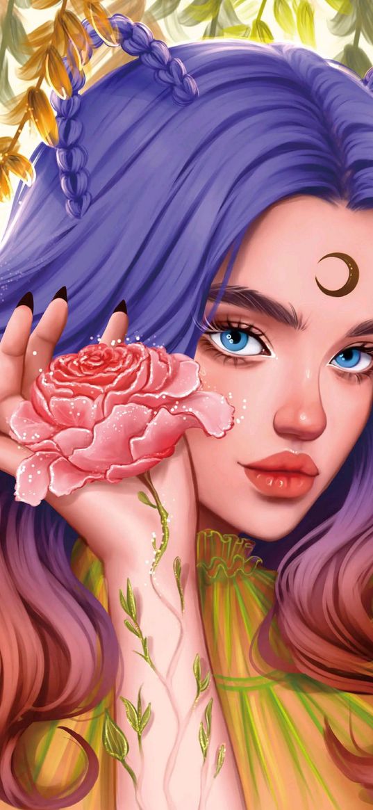 girl, rose, flower, moon, colored hair, plants, art