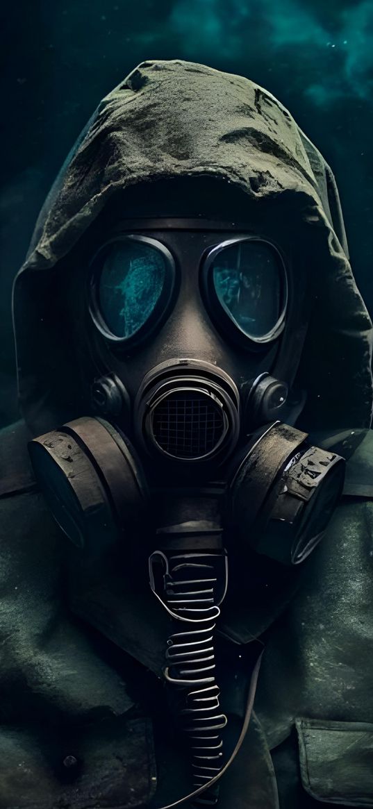 man, gas mask, protective suit, dark