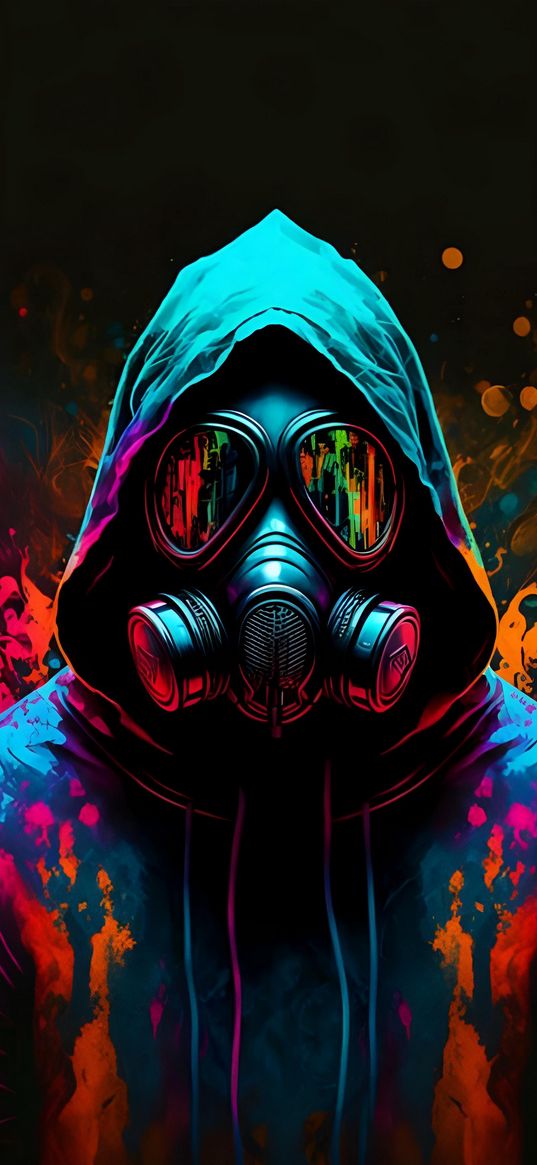 man, gas mask, hood, glasses, paints, colored