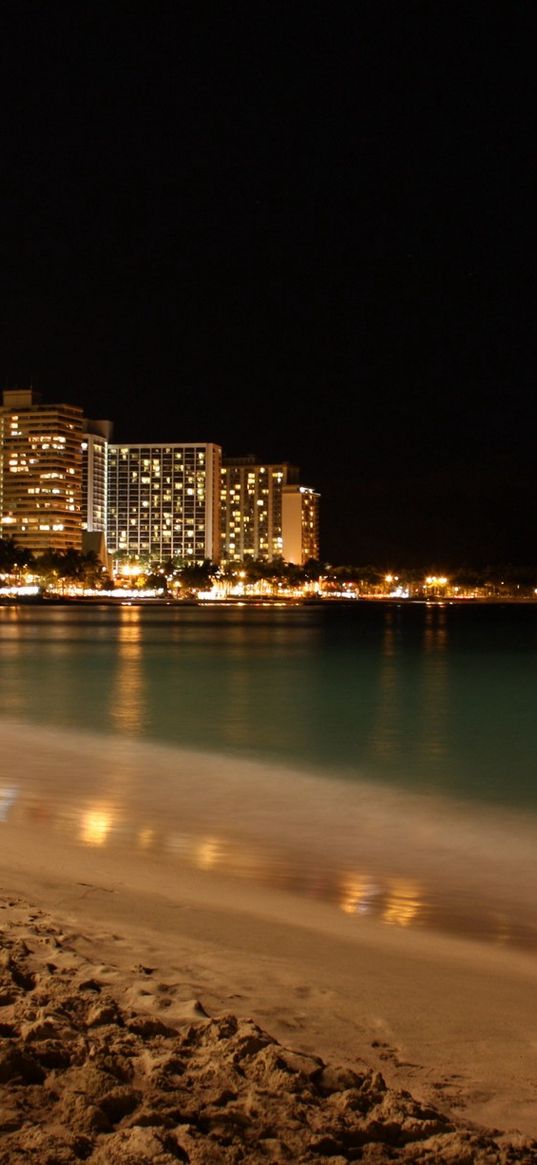 beach, coast, sand, city, fires, night, skyscrapers