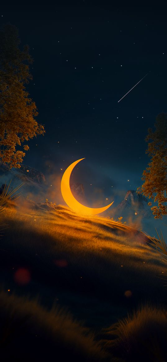 moon, stars, slope, night, art