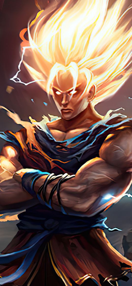 goku, dragonball, anime, warrior, glowing hair, art