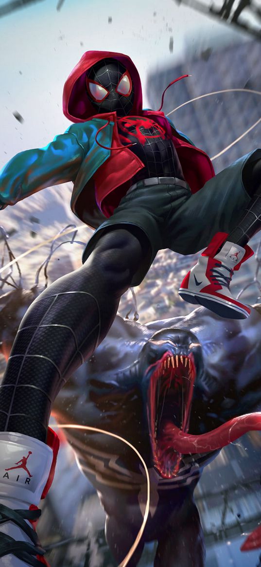 miles morales, spiderman, venom, superhero, marvel, monster, battle, art