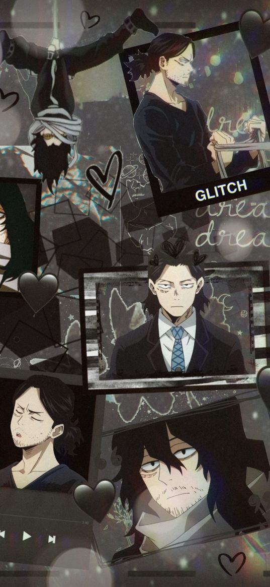 aizawa shota, my hero academia, anime, teacher, boy, hearts, collage, art