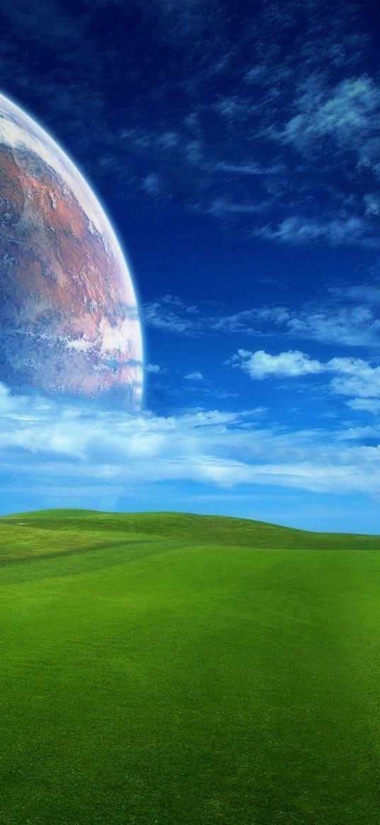 grass, greens, field, lawn, sky, planets, space, clouds