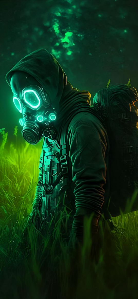 grass, hood, backpack, gas mask